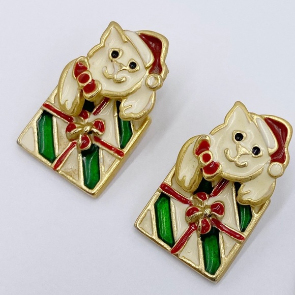Vintage Cat Christmas Earrings kitten Present Enamel Earrings - Picture 2 of 9